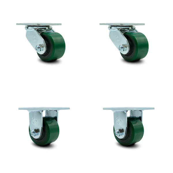 3.25 Inch Green Poly on Cast Iron Caster Set with Ball Bearings 2 Swivel 2 Rigid
